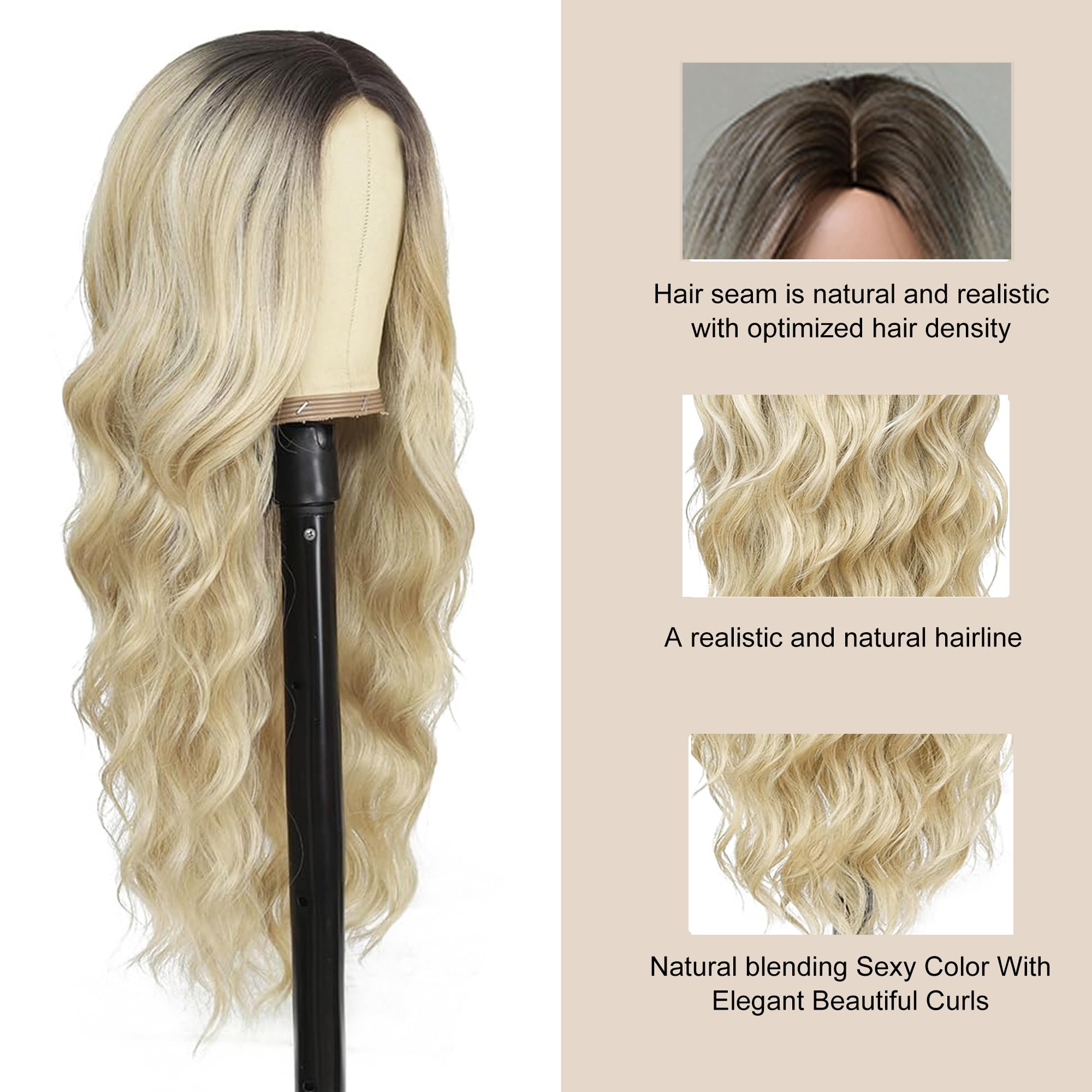 PORSMEER Long Ombre Blonde Wigs for Women Natural Looking Wavy Curly Synthetic Hair Wig with Brown Roots Middle Parting 26inch Ladies Realistic Wigs - Image 3