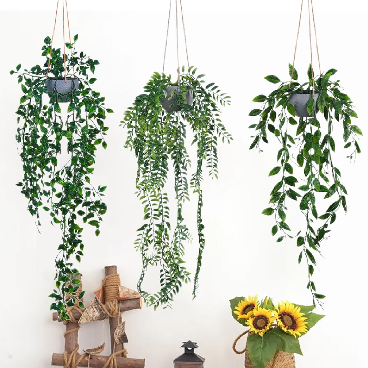 SMYLLO Artificial Hanging Plants 3 Pack, Fake Hanging Potted Plants with Rope for Wall, Home, Office, Indoor or Outdoor Decor