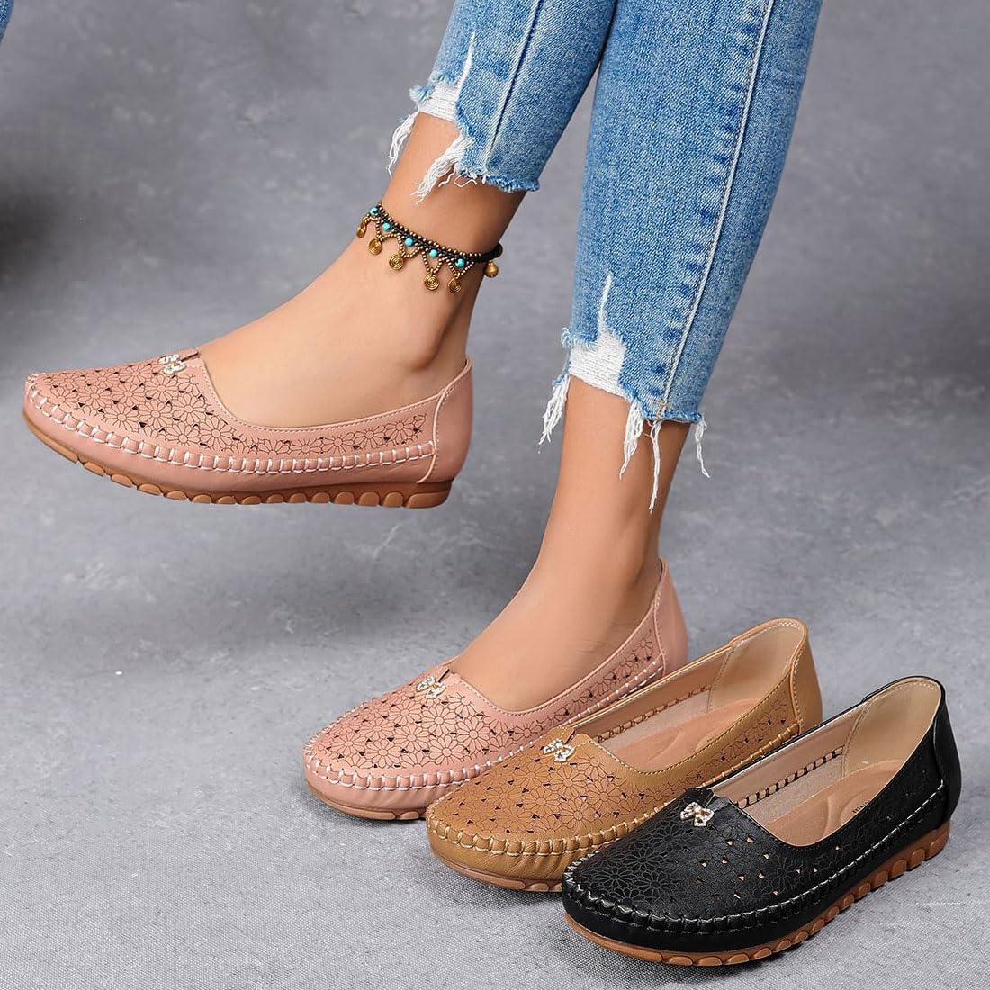 Stilvolle und leichte orthopädische Schuhe, florale Aushöhlung Fahrschuhe | Orthopädische Damen-Slipper aus atmungsaktivem Leder, Slip-On-Strass-Schleife, Wanderschuhe für Business, Freizeit, elegant