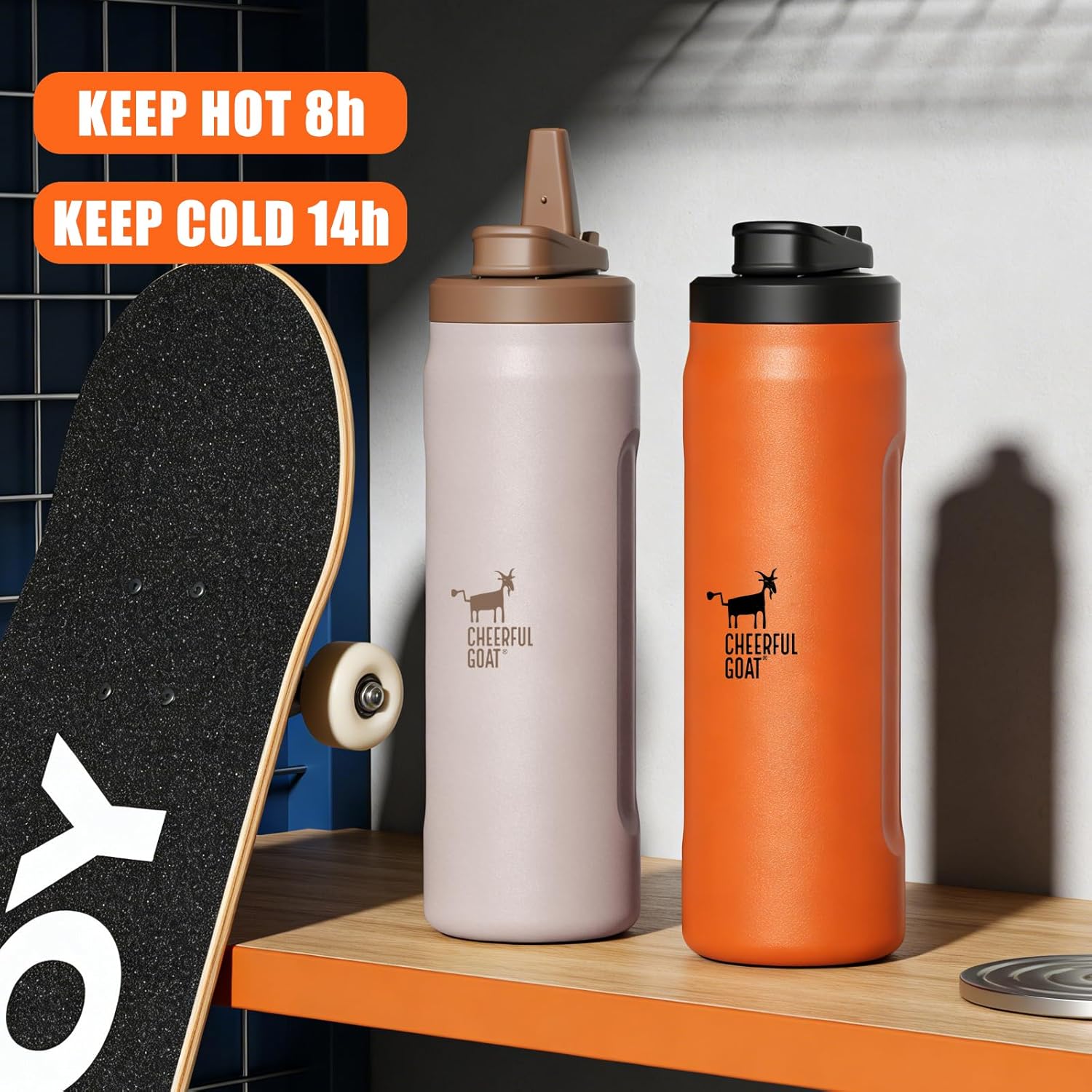 CHEERFUL GOAT Insulated Water Bottle with Straw, 25.5oz Ceramic Lined Stainless Steel Coffee Thermos, Leak-Proof Lid, Dishwasher Safe for Gym, Hiking, Camping,Sports Travel Bottle(Orange)