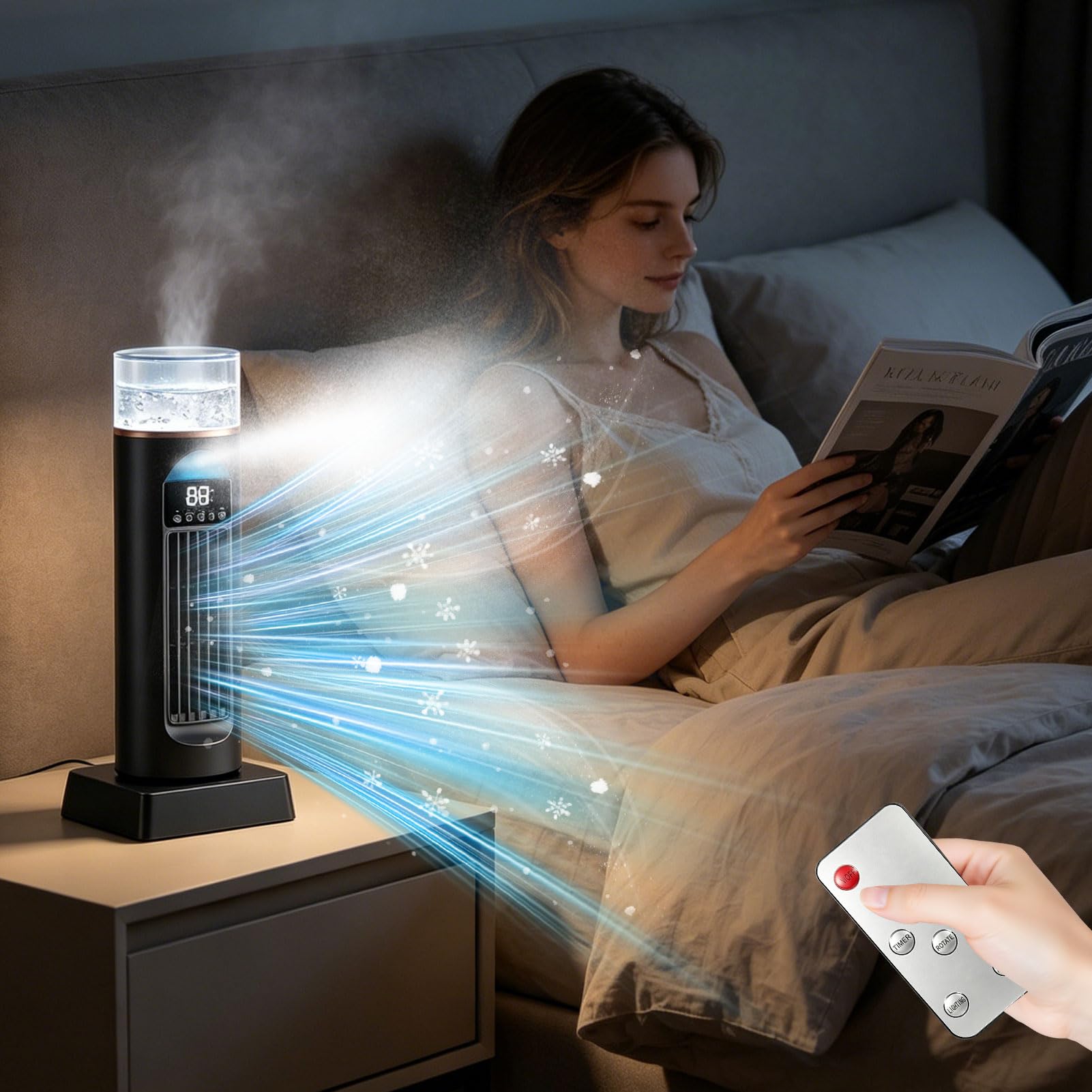 Torre de aire acondicionado AC, ventilador de aire frío, aire acondicionado portátil con temporizador de 8H, ventilador de aire frío con 9 niveles, silencioso, oscilante y sin aspas, con mando a