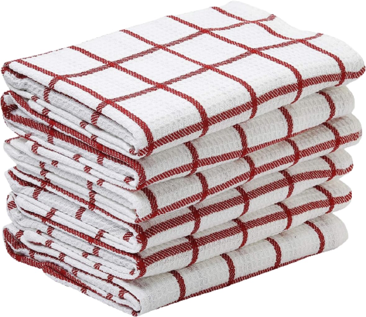 Wholesale Trade Dealz 6 Pack Large Jumbo Big Check 100% Cotton Terry Tea Towels Super Soft Absorbent Kitchen Cleaning Drying Glass Dish Cloth for Bar, Catering & Restaurent (Red)