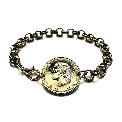 1970 Italy 20 Lire coin rolo link bracelet Italian lady Minerva Roma Florence Venice Milan Napoli Verona Torino Genoa Bologna Siena Ancona Palermo