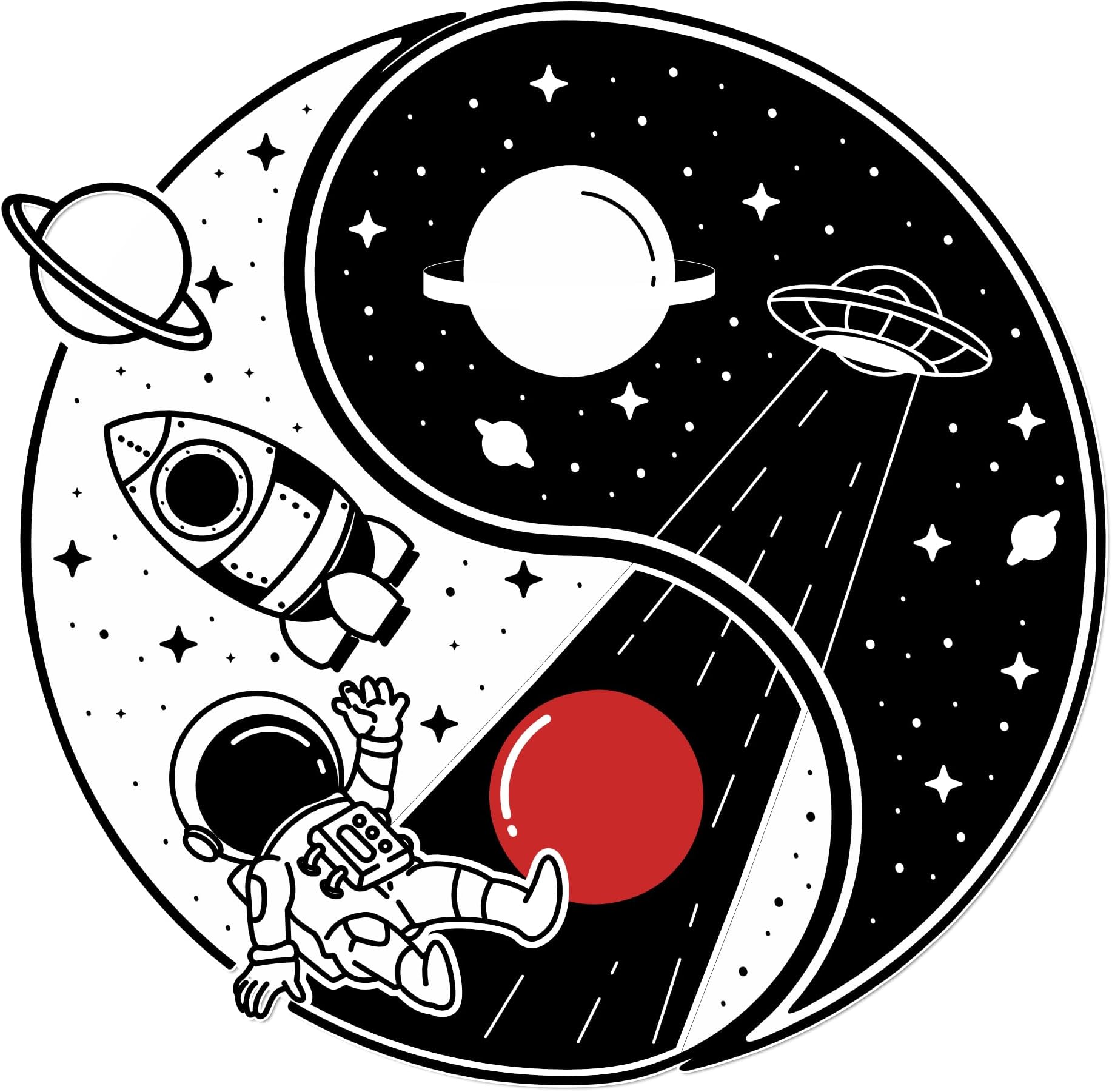 Thinking How Yin Yang Space Wall Sticker with Astronaut & UFO | Peel and Stick Vinyl Wall Decor for Home & Kids Room (30 × 30 cm)