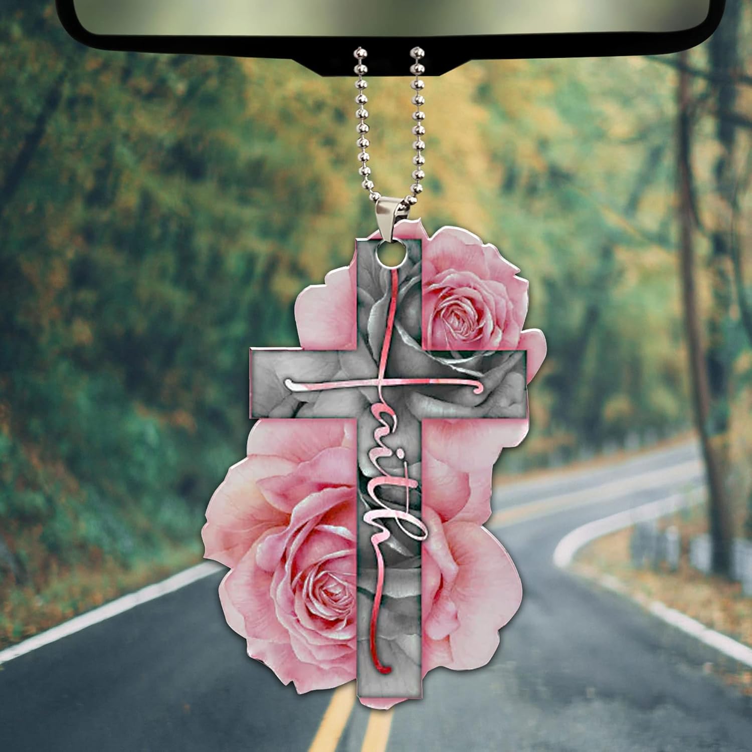 Talataca Pink Cross Rose Rosy God Faith Christian Jesus 2D Flat Car Rear View Mirror Accessories Christmas Tree Ornament Decoration Hanging Charm Interior Rearview Pendant Decor Gift - Image 3