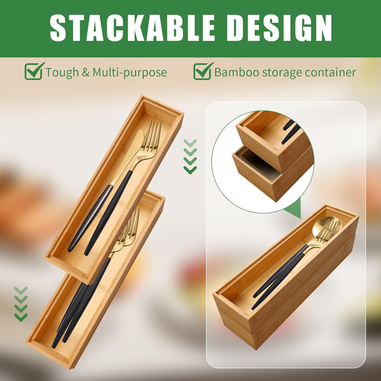 10 Pack Bamboo Drawer Organizers Stackable Wooden Cutlery Storage Boxes for Kitchen, Drawers, Bathroom, Office, Wooden Cutlery Tray (12 x 3 x 2 inches)