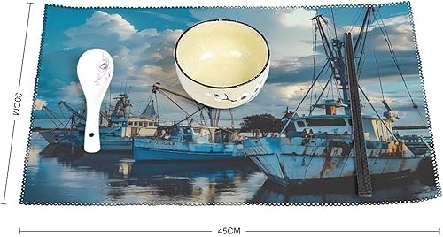 Miniatura 2 de Juego de 6 manteles individuales de barcos de camarones atracados en muelle, manteles individuales resistentes lavables para decoración de mesa de
