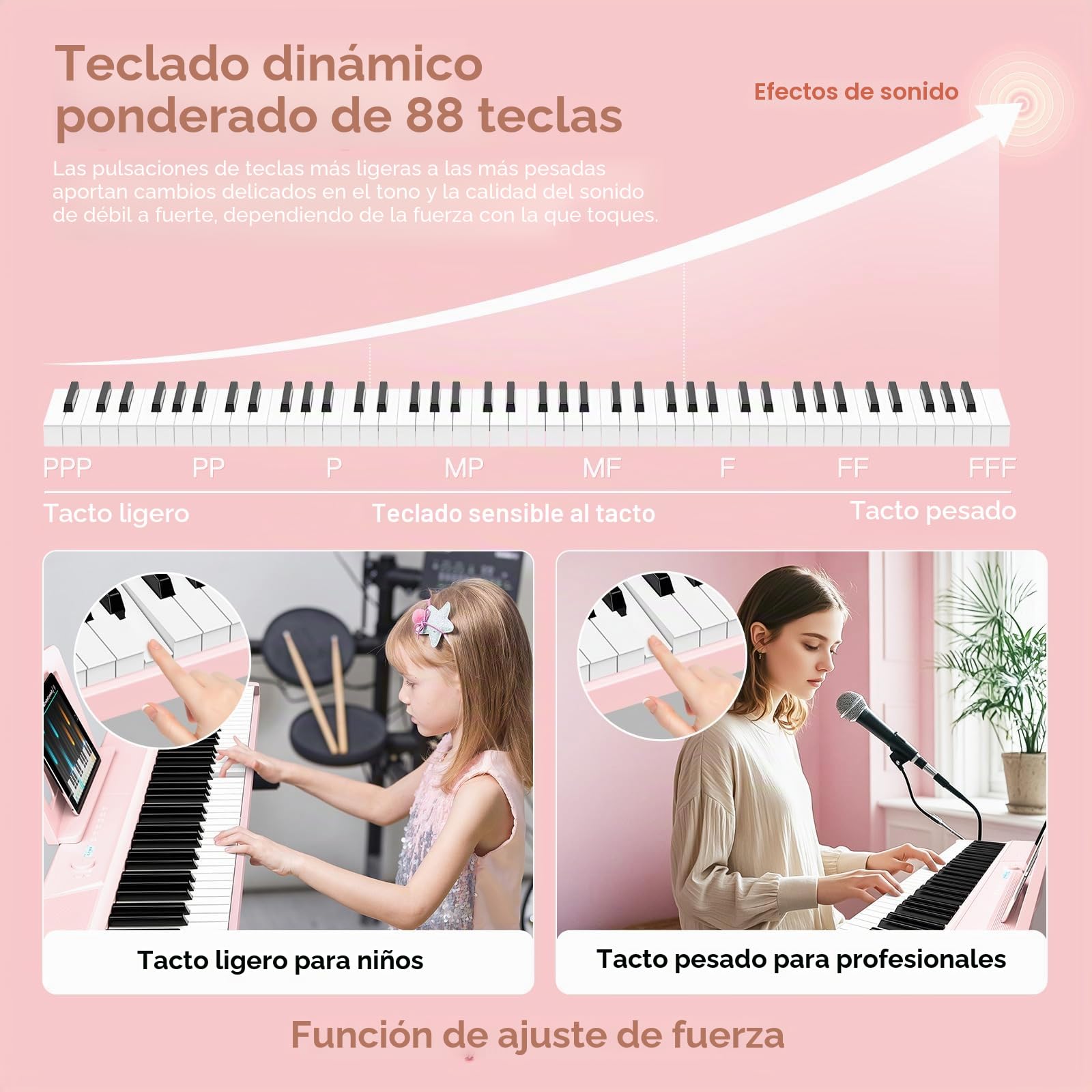 TERENCE Piano Electrico 88 Teclas Teclado Dinámico Pesado 2 Altavoces de 15W Panel Táctil Sensible Función de Grabación de Video y Audio Integrada Soporte para Auriculares y Altavoces Externos Rosa
