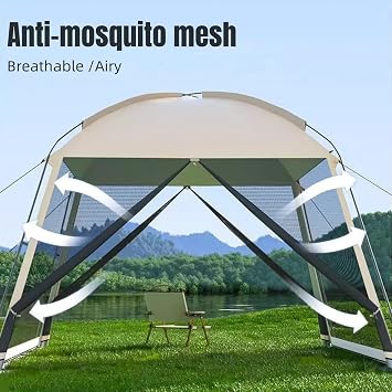 Outdoor Screen House Tent, Canopy Tent with Mesh, Khaki, 210D Oxford Cloth with PU Coating, 2.6m x 2.6m x 2.1m, UV Protection, Mesh Sunshade for 4-6 People, Camping