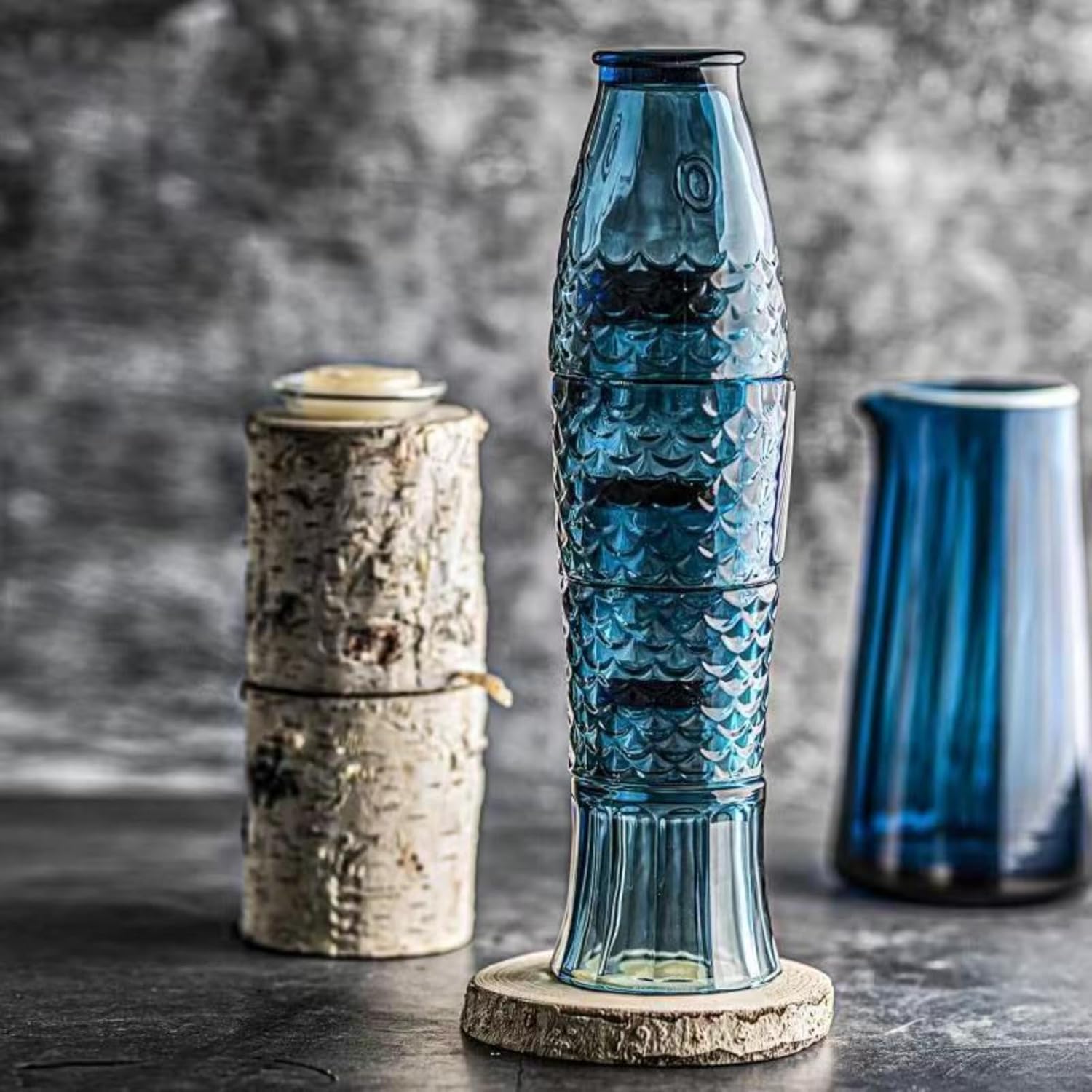 FishDesignszklanki do picia, szklanki do picia do układania w stos, kolorowe szkło do napojów, szkło StackTumbler, NauticalGlassware, szklanki w kształcie ryby, do dekoracji domu, zestaw 4, niebieski