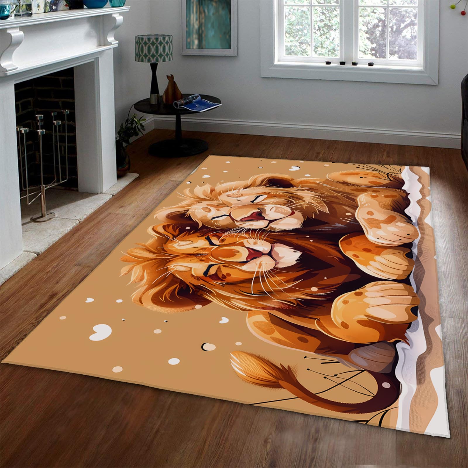 Tapis de salon marron mignon avec lions pour salle de jeux