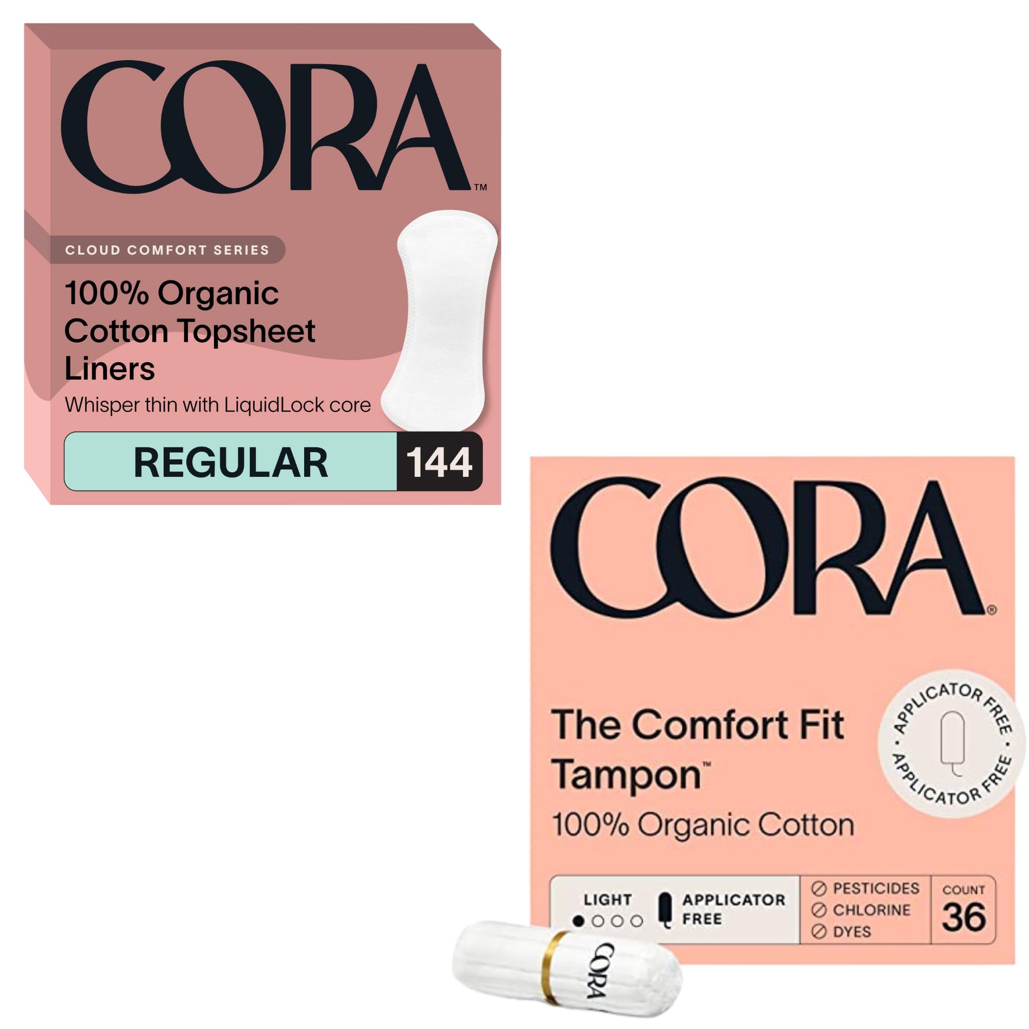 Cora Organic Feminine Care Regular No Wings Liners and Non-Applicator Tampon Pack Ultra-Absorbent Unscented Natural Non-Toxic 144 Regular