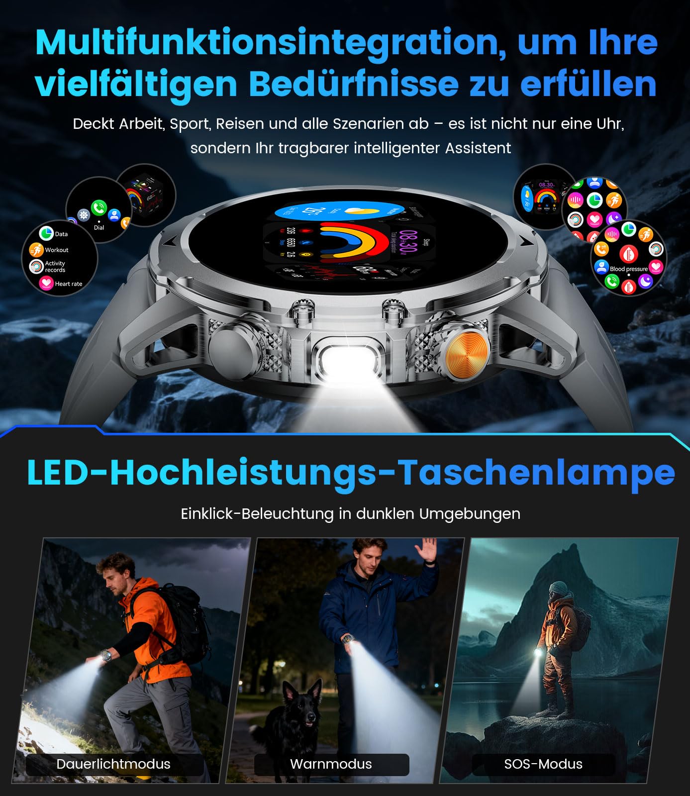 Orologio Smartwatch Uomo con Chiamate/Batteria 1000 mAh per Android iOS, 1,53" HD Smartwatch Militare con Frequenza Cardiaca/129 Modalità Sportive, Impermeabile IP68 Torcia Fitness Watch, 3 Cinturini