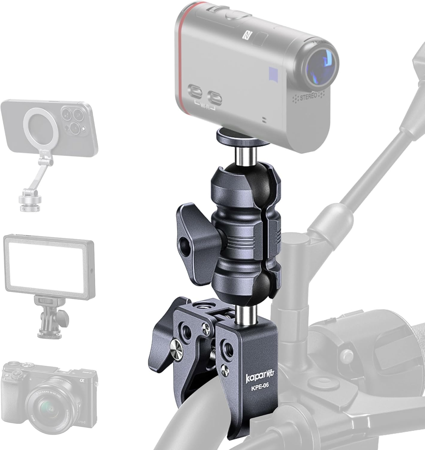 Aluminum Super Clamp Camera Mount, 25mm Ball Head with 1/4" Screw, 360° Rotatable Clamp for DSLR/Action Cameras, Fits 0.5-2" Rods, for Vlogging, Bike, Motorcycle (KCB-1)