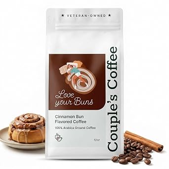 Couples Coffee Cinnamon Coffee Ground Coffee Medium Roast 12oz | Cinnamon inspired flavored coffee made with 100% Arabica beans. Every purchase gives back to military families.