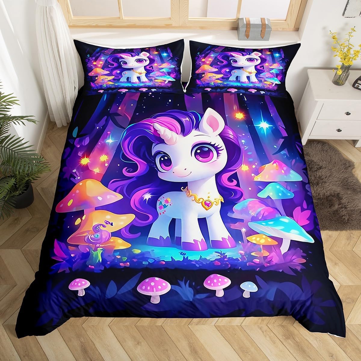 Erosebridal Purple Unicorn Comforter Cover Toddler Size Cartoon Animal Duvet Cover Colorful Mushrooms Bedding Set Kids Fantasy Themed Quilt Cover Magical Jungle 2Pcs Breathable Decor