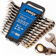 DISEN 12 Pcs Flex Head Ratcheting Wrench Set 90 Teeth, Combination Ratchet Wrenches Set SAE1/4 to 3/4", Cr-V Steel, 12-Point, Nickel Plating with Organizer Rack Visit the Store