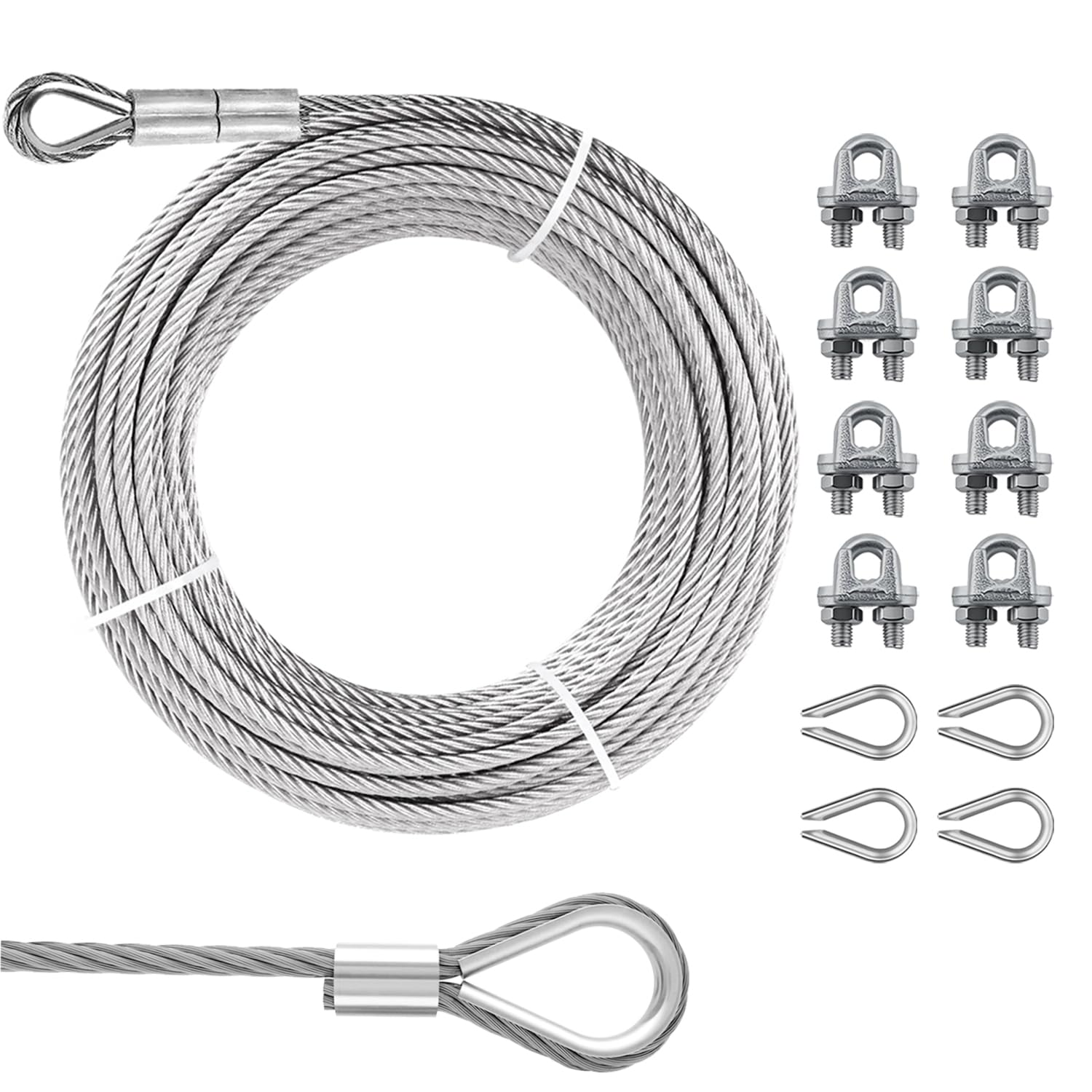 Photo 1 of 1/2" Steel Cable Kit, PIUM 100Ft 7x19 Strand Aircraft Cable with Loops, Heavy Duty Wire Rope 23000lbs Breaking Strength with Clamps and Thimbles for Zipline, Boat Lift, Outdoor Use