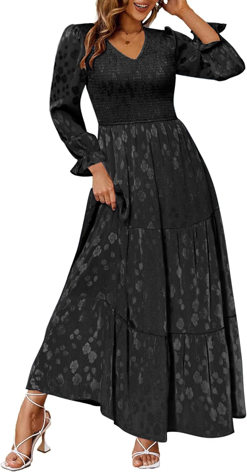 Simplee Womens Long Sleeve Smocked Maxi Dress Tiered V Neck Flowy Fall Wedding Guest Long Dresses with Pockets