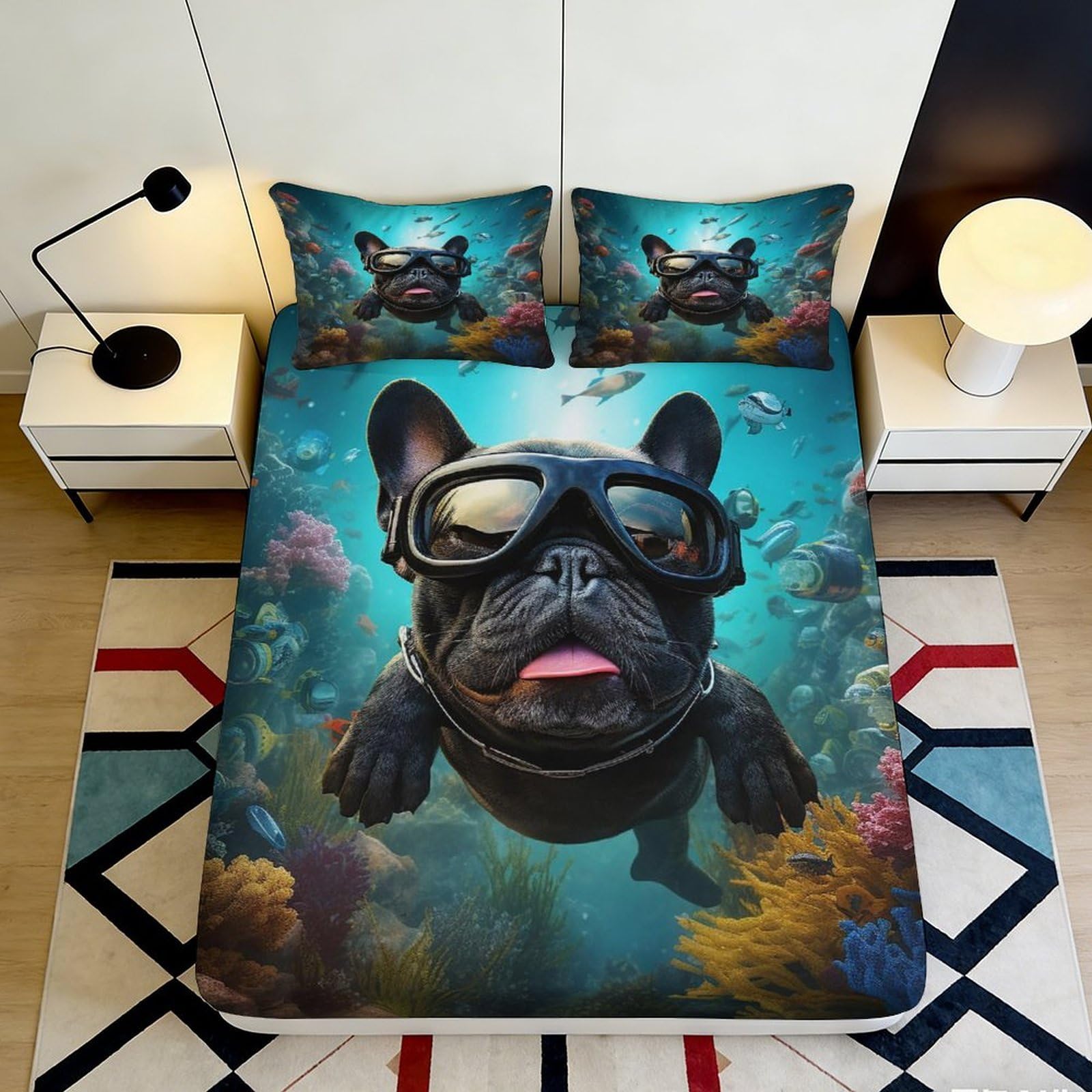 Pnayamiorkfel Style-1 3D Printed Underwater Bulldog Fitted Sheet Microfiber Non-Slip Bed Cover For Bedroom Dorm Decor Easy Care 90X200x25cm