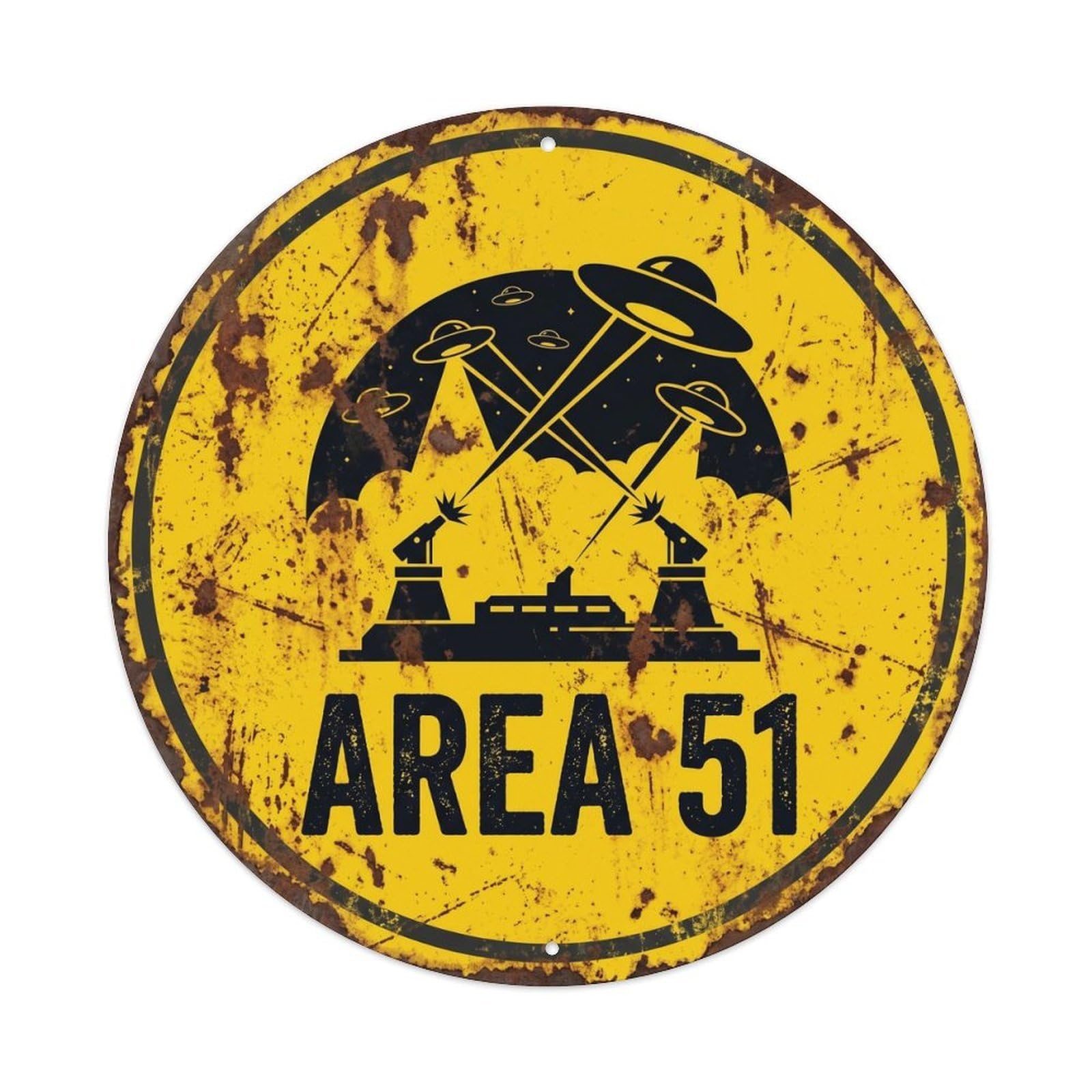 Vintage Alien Area 51 Laser Defense Metal Tin Sign Plaque Wall Decor for Cafe, Club, Garden Round Metal Poster 8x8Inch