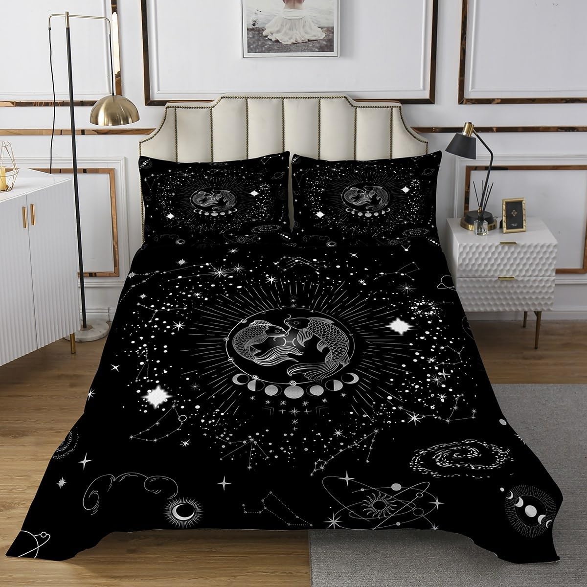 Erosebridal Libra Bedding Queen Psychedelic Galaxy Bedspread Set, Constellations Quilt Set Glitter Stars Coverlet Set, Zodiac Astrology Bed Set Lightweight, Black and White