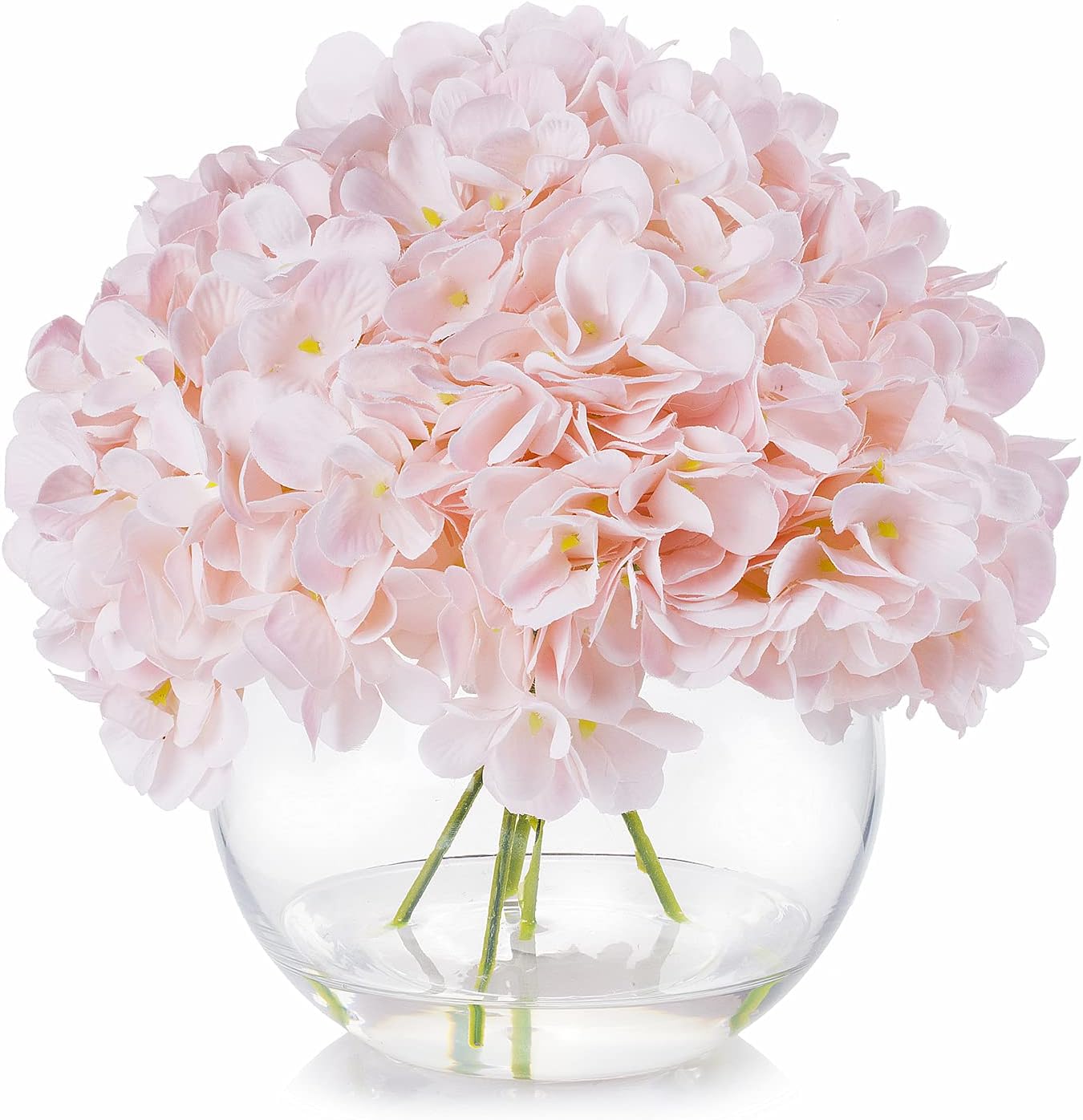 Enova Floral Artificial Silk Hydrangea Fake Flowers Arrangement in Round Clear Glass Vase with Faux Water for Home Office Wedding Event (Pink)