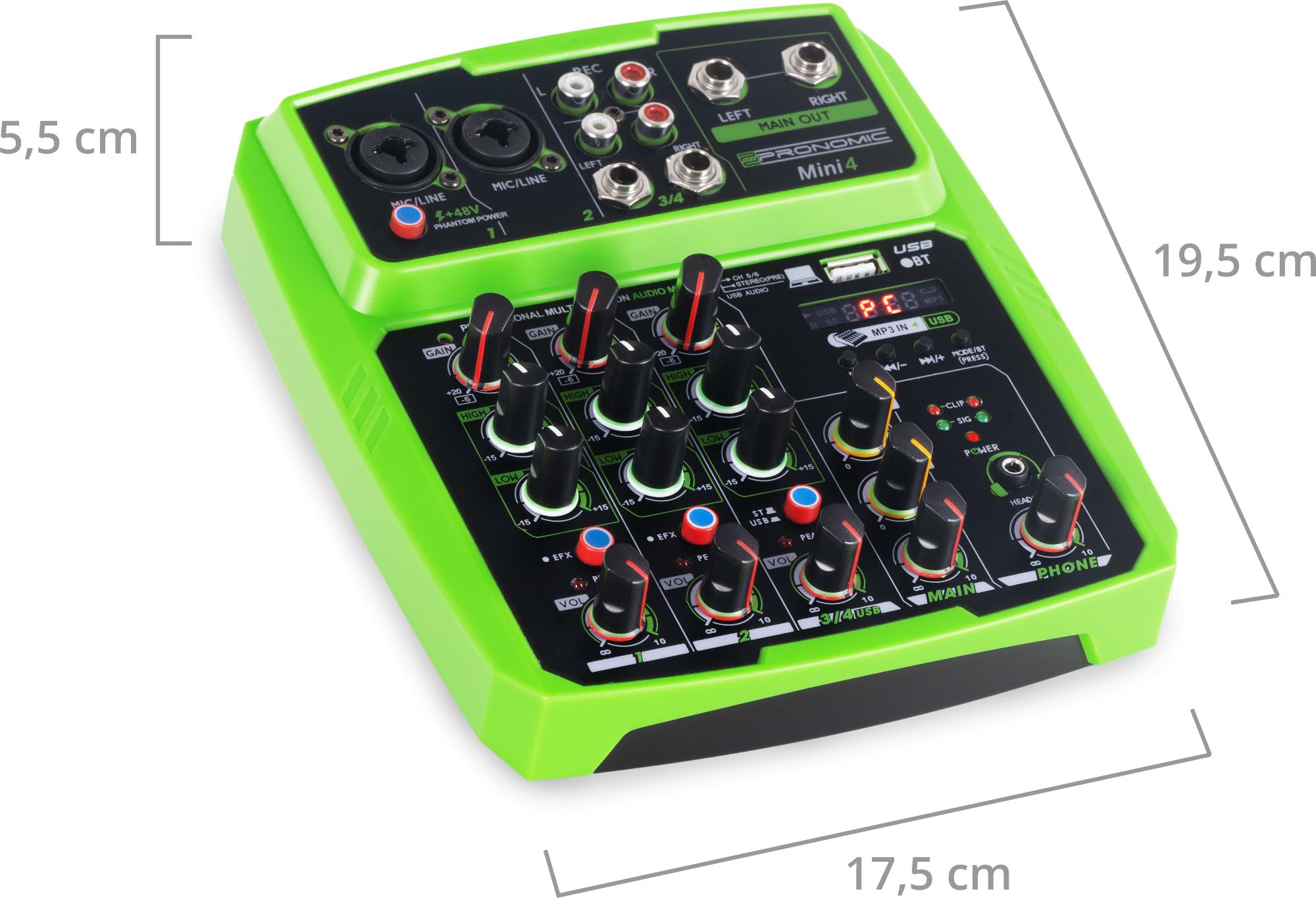 Pronomic Mini4 Mixer USB - Mixer 4 Canali Alimentato via USB - 2 Canali con Combo Jack - Ingresso Stereo - Media Player/Recorder con Bluetooth e USB - Interfaccia Audio - Verde
