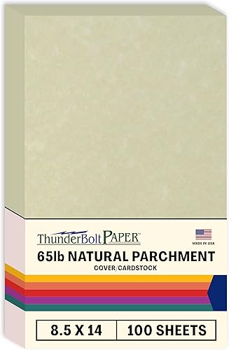 ThunderBolt Paper - 100 papel de cartulina de pergamino natural de 65 libras, 8.5 x 14 pulgadas, tamaño legalmenú, aspecto de pergamino viejo
