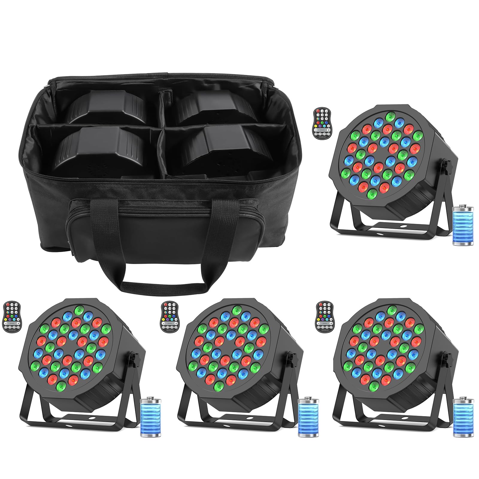 Led Strahler Akku, 4 Stück 36 RGB Akku Strahler Bühnenlicht Led Par mit Lichtpaket, DMX und Fernbedienung, Discolicht Partylicht Scheinwerfer für DJ Club Festival Bühne