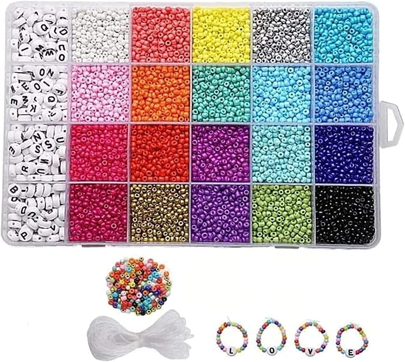 Grab Mantra 4mm Glass Seed Beads and Alphabet Letter Beads for Bracelets Jewelry Making and Crafts with Elastic String Cords, Tweezers and Accessories DIY Material (4MM Beads)