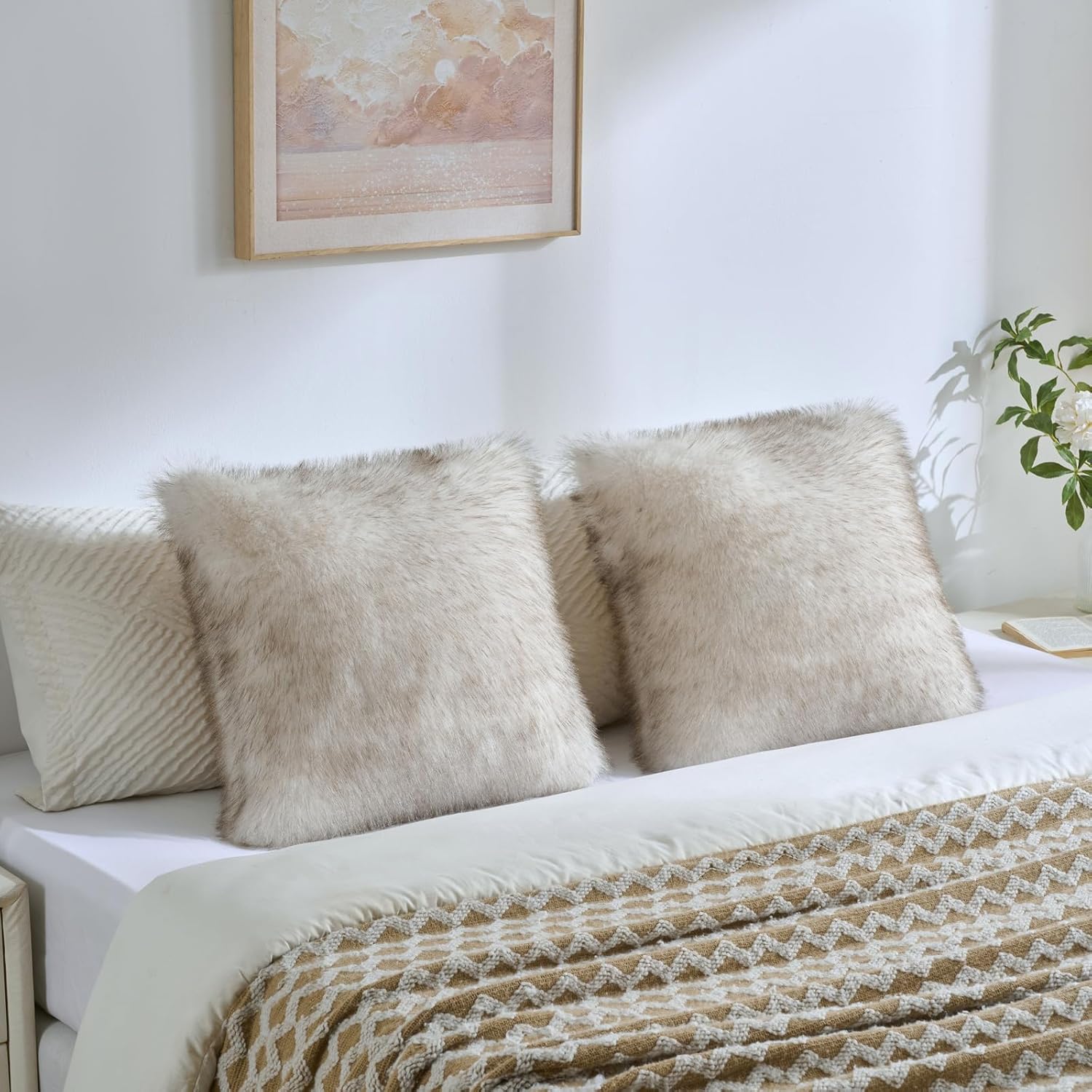 FUTEI Coffee White Decorative Throw Pillow Covers 20x20 Inch Set of 2,Soft Fluffy Faux Fox Fur Textured Cushion Case,Modern Home Decor for Couch Living Room