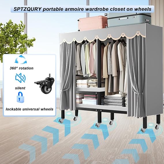 Heavy Duty Rolling Covered Metal Garment Rack with Lockable Wheels and Door, Load 2000lbs, Portable Closets for Hanging Clothes, Large Capacity 360Enclosed Clothing Racks (B, 59.1in/150cm)