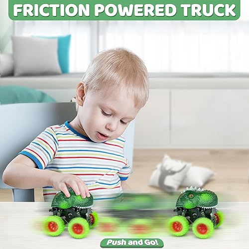 Miniatura 5 de Beestech Juguetes de dinosaurio para niños de 2, 3, 4, 5 años, empujan y tiran, impulsados por fricción de dinosaurio, camiones monstruos, vehículos