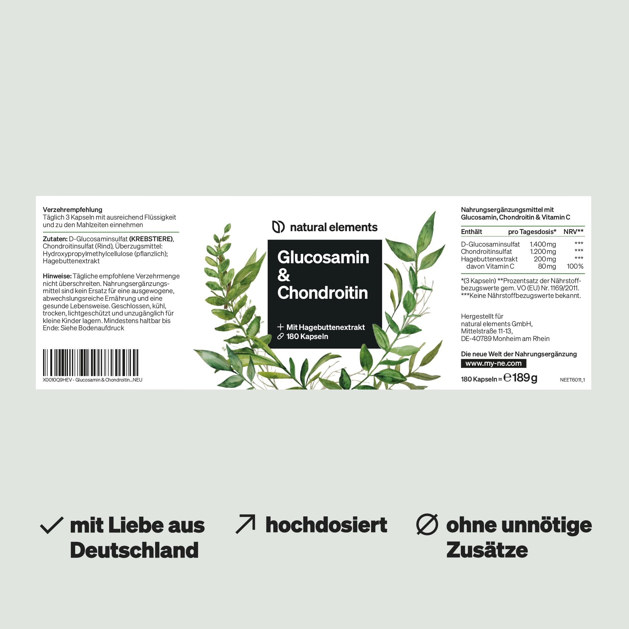 natural elements Glucosamin & Chondroitin – 180 Kapseln – mit Vitamin C für eine normale Kollagenbildung* – hochdosiert, ohne unnötige Zusätze – in Deutschland produziert & laborgeprüft