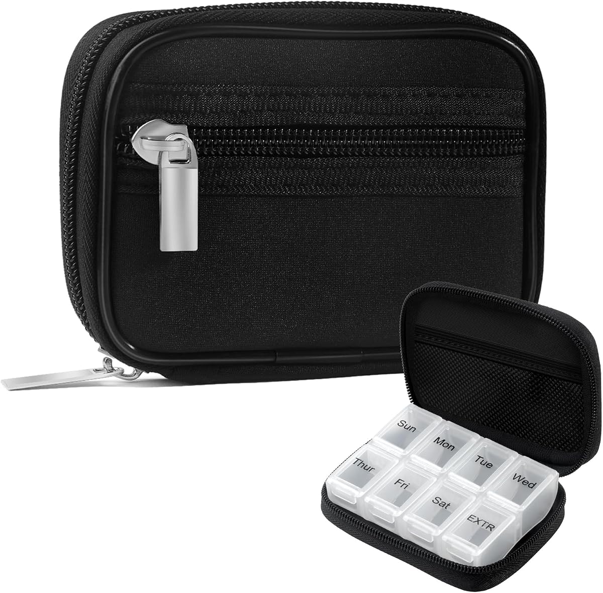 Pill Case Weekly Travel Pill Organizer for Purse with Removable 7 Day Pill Box Premium Neoprene Pill Container for Travel Purse Accessory, Vitamin, Supplement, Small Pieces Arrangement-Elegant Black