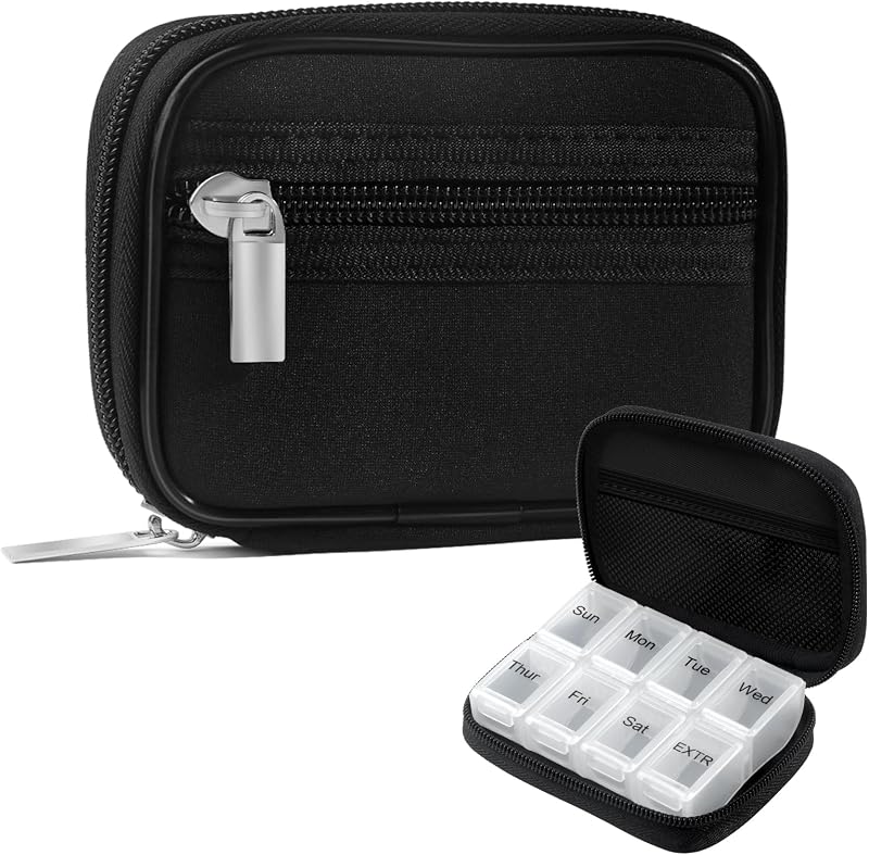 Pill Case Weekly Travel Pill Organizer for Purse with Removable 7 Day Pill Box Premium Neoprene Pill Container for Travel Purse Accessory, Vitamin, Supplement, Small Pieces Arrangement-Elegant Black