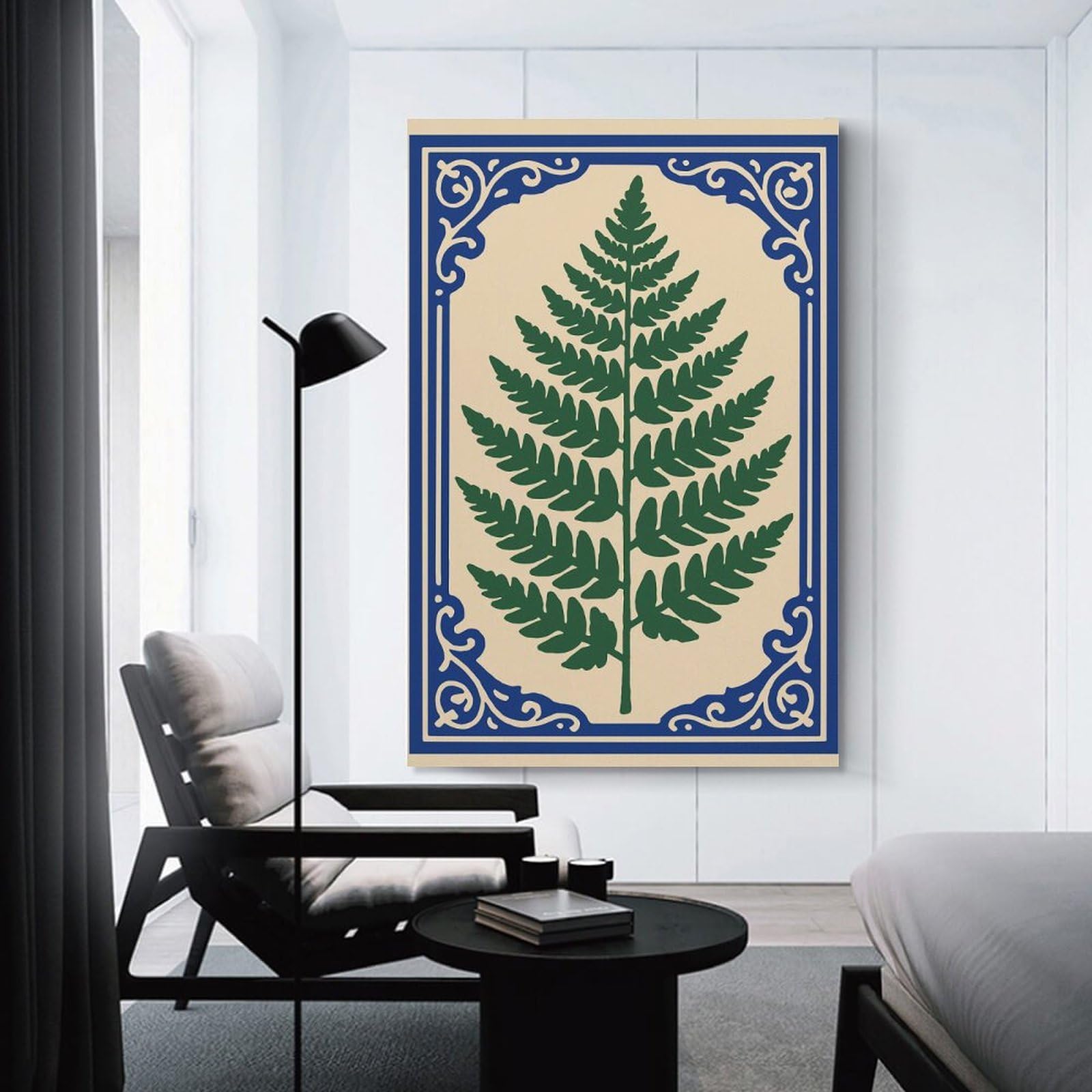 Junmoney Green Fern with Blue Border Room Decor Wall Art, 24x36inch(60x90cm), for Home, Office, Studio Or Guest Room, Canvas Wall Art That Fits Changing Layouts