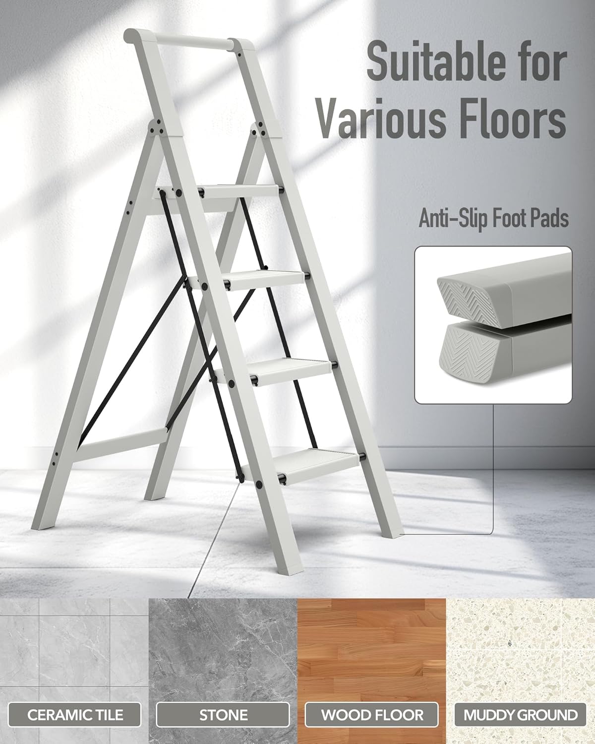 Mayi Plus 4 Step Ladder, Lightweight Folding Step Stool with Convenient Handgrip,Aluminum 330lbs Capacity Step Ladder for Office,Household,Kitchen,Library(Grey)