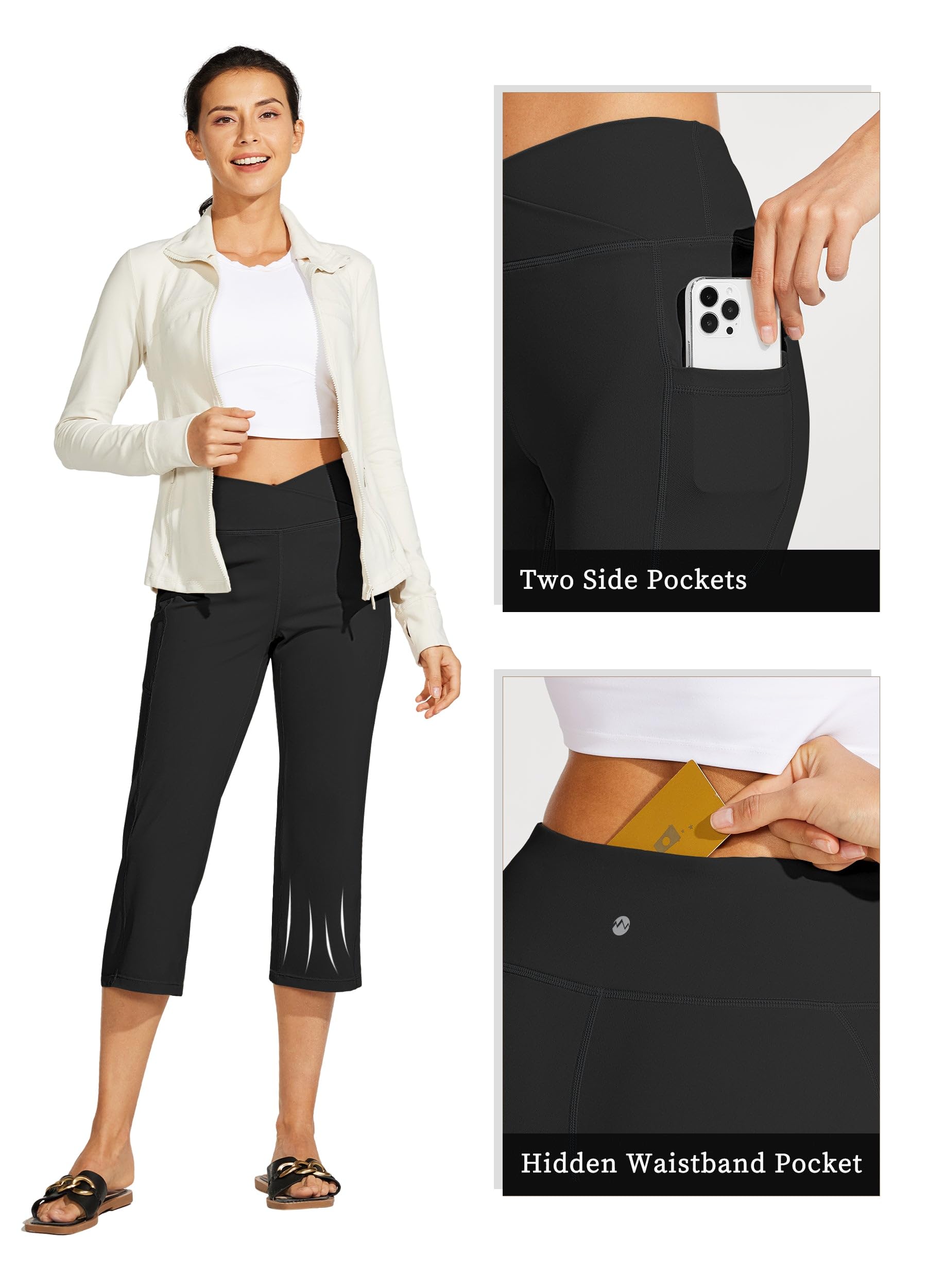 WILLIT Pantalones capri de yoga para mujer, pierna recta, elásticos, pantalones de trabajo cruzados, elegantes, cintura alta, con bolsillos, yoga, entrenamiento casual