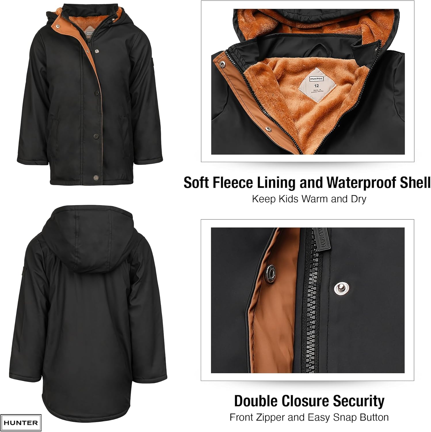 Hunter Boys Plush Lined Rain Jacket – Waterproof Hooded Coat for Kids, Toddlers & Big Boys, Cold Weather Outerwear (2T–12) - Image 8