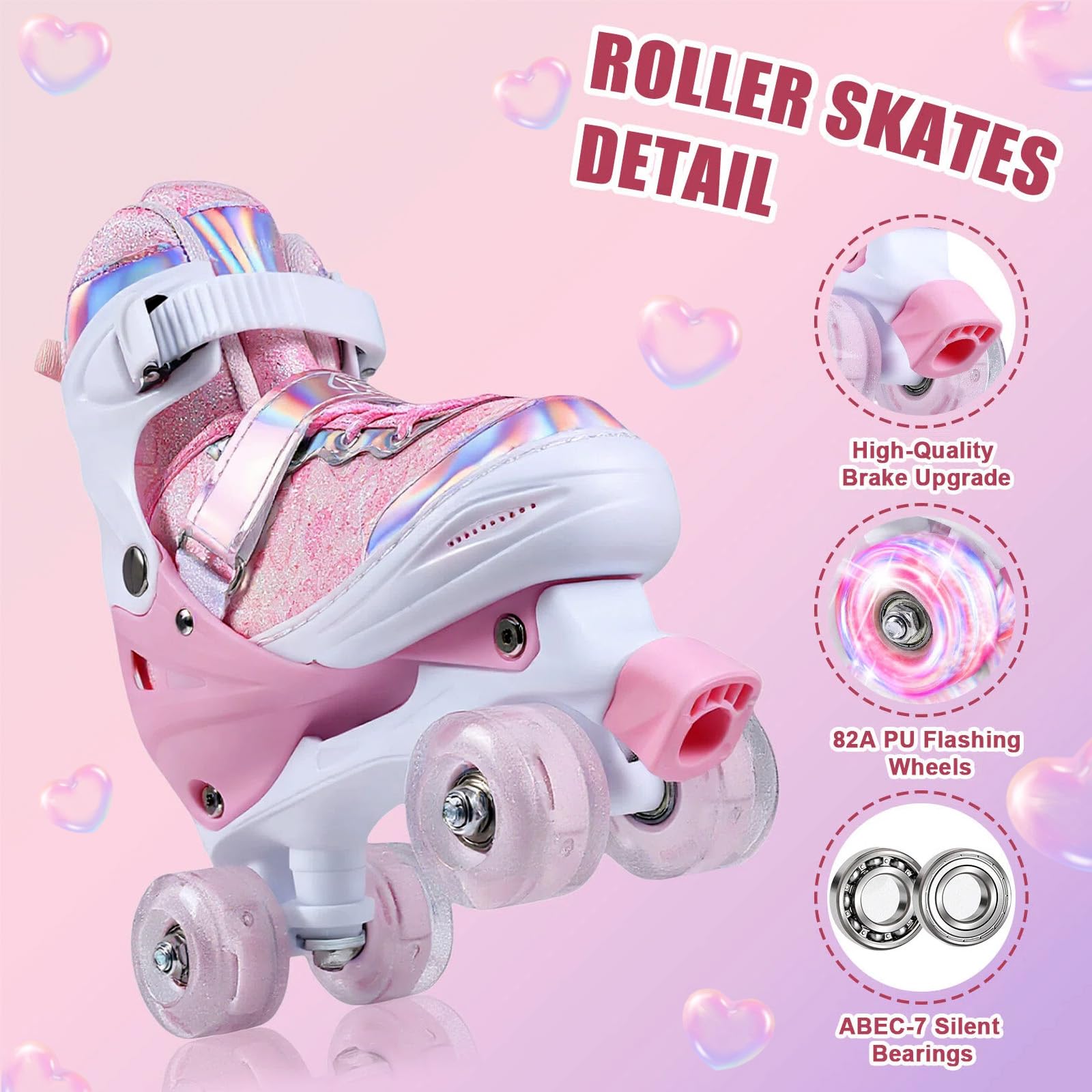 4 Sizes Adjustable Kids Roller Skates for Girls Boys Indoor Outdoor Sports, Love-Pink, Small-Little Kids - Image 5