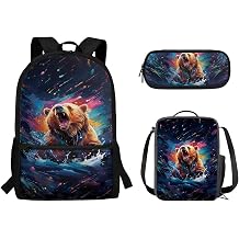 Teen Girls School Bag Growling Bear Backpack Adjustable Shoulder Strap Backpack Elementary School Bag Set Reusable Thermal Cooler Food Handbag and Pencil Case