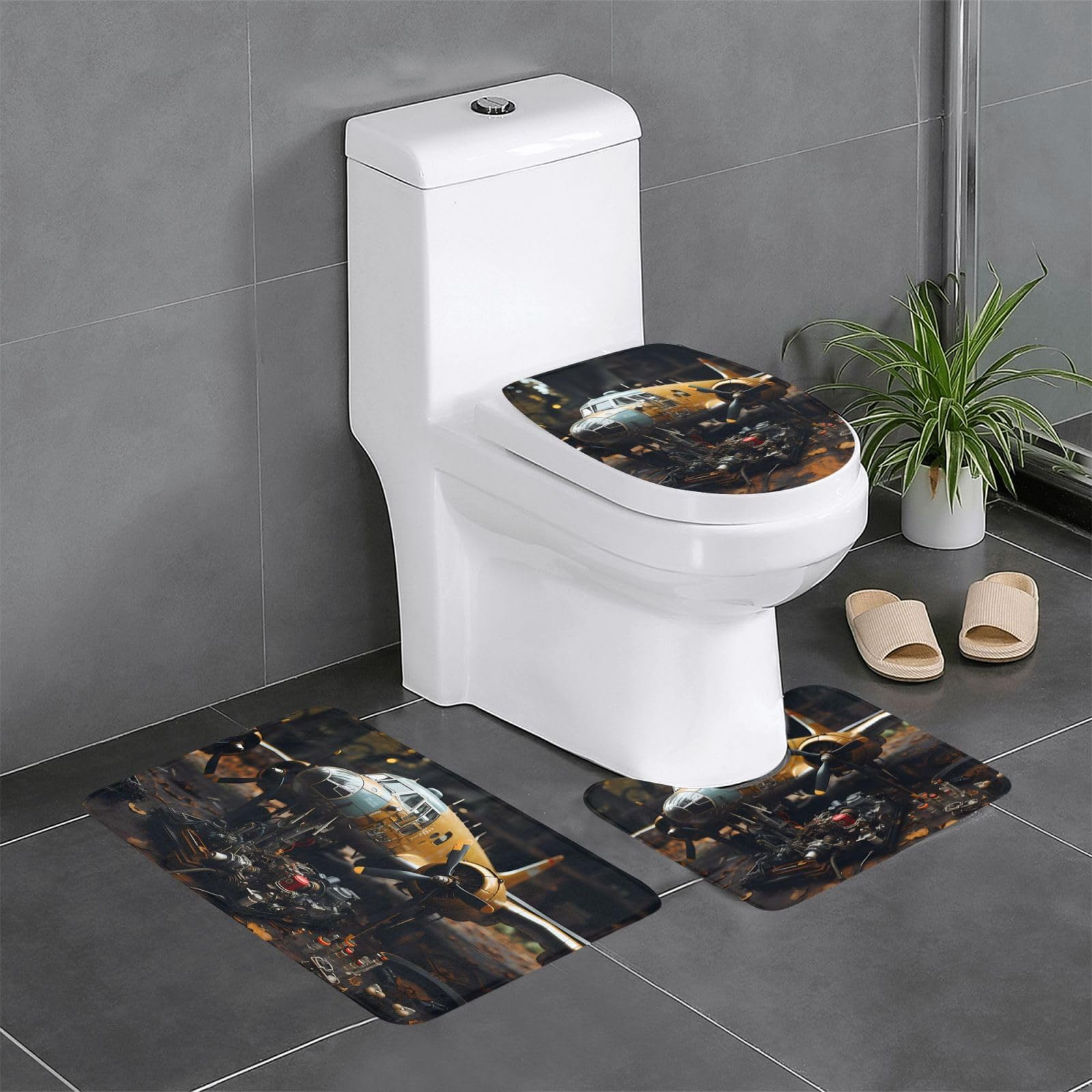 Tapis de salle de bain lot de 3 antidérapants imprimé aviation ancienne pour WC