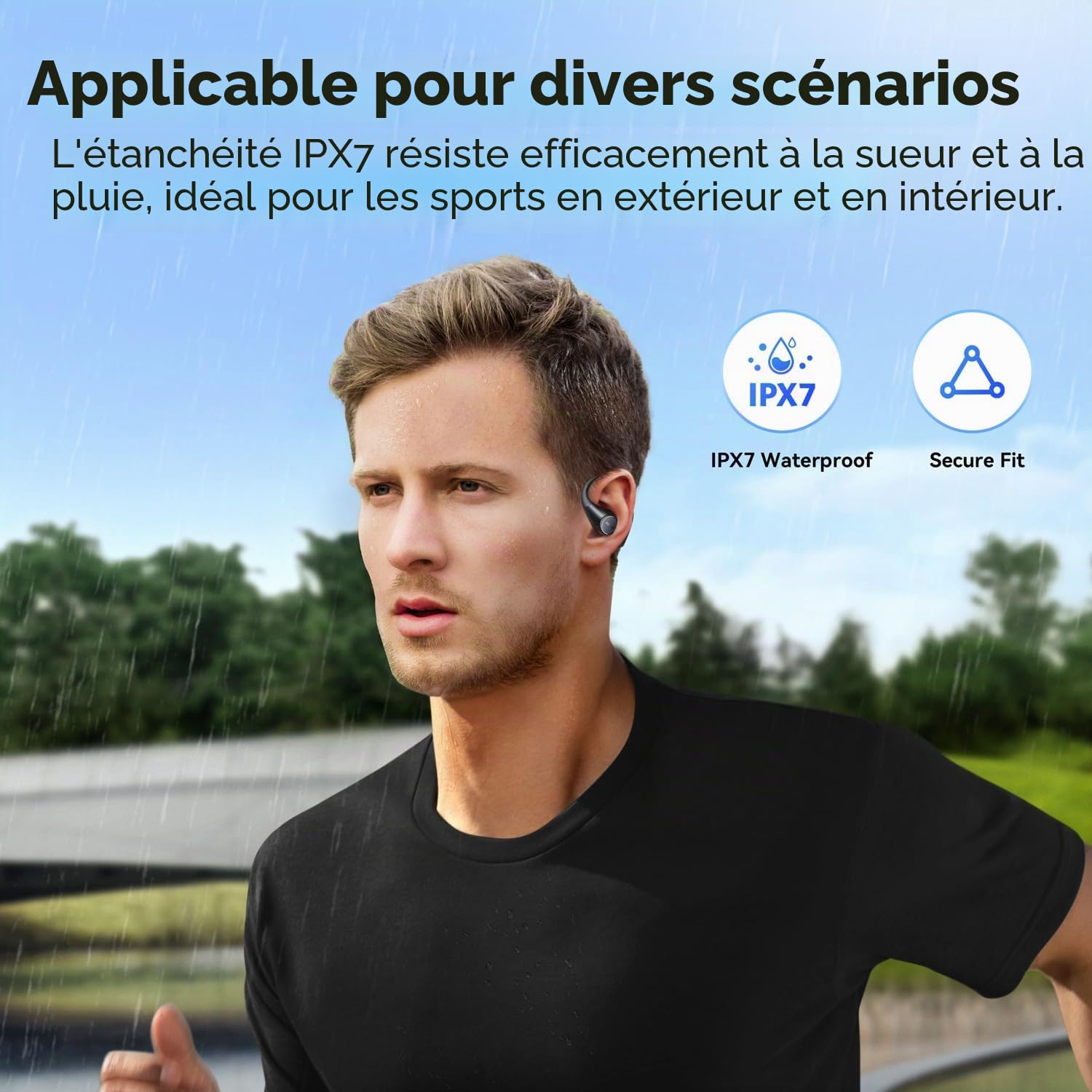 EarFun OpenJump Écouteurs sans Fil, Crochets d’Oreille Réglables | Hi-Res Audio, LDAC, 42 H d'autonomie, Recharge Sans Fil, IPX7, Appels Clairs avec IA, Mode Jeu, Connexion Multipoint, Noir