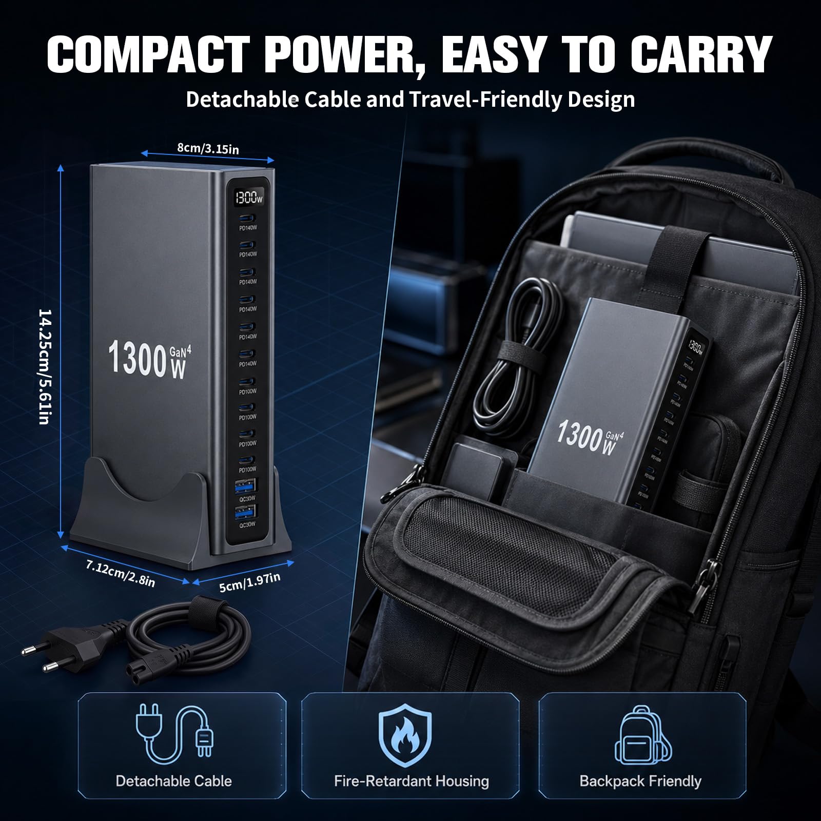 1300W GaN4 USB C Ladegerät Mehrfach – 10×USB-C-Ports (140W/100W)