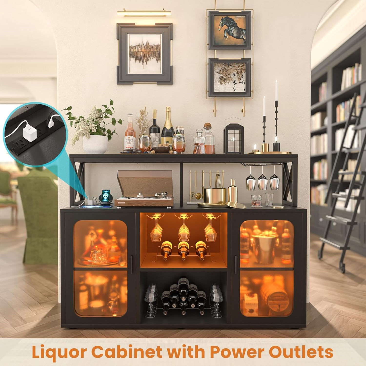 Aheaplus Bar Cabinet with Power Outlets, Liquor Cabinet with Led Lights and Glass Holder, Storage Buffet Cabinet Coffee Bar Cabinet for Liquor, Wine Cabinet with Racks -G2, Black