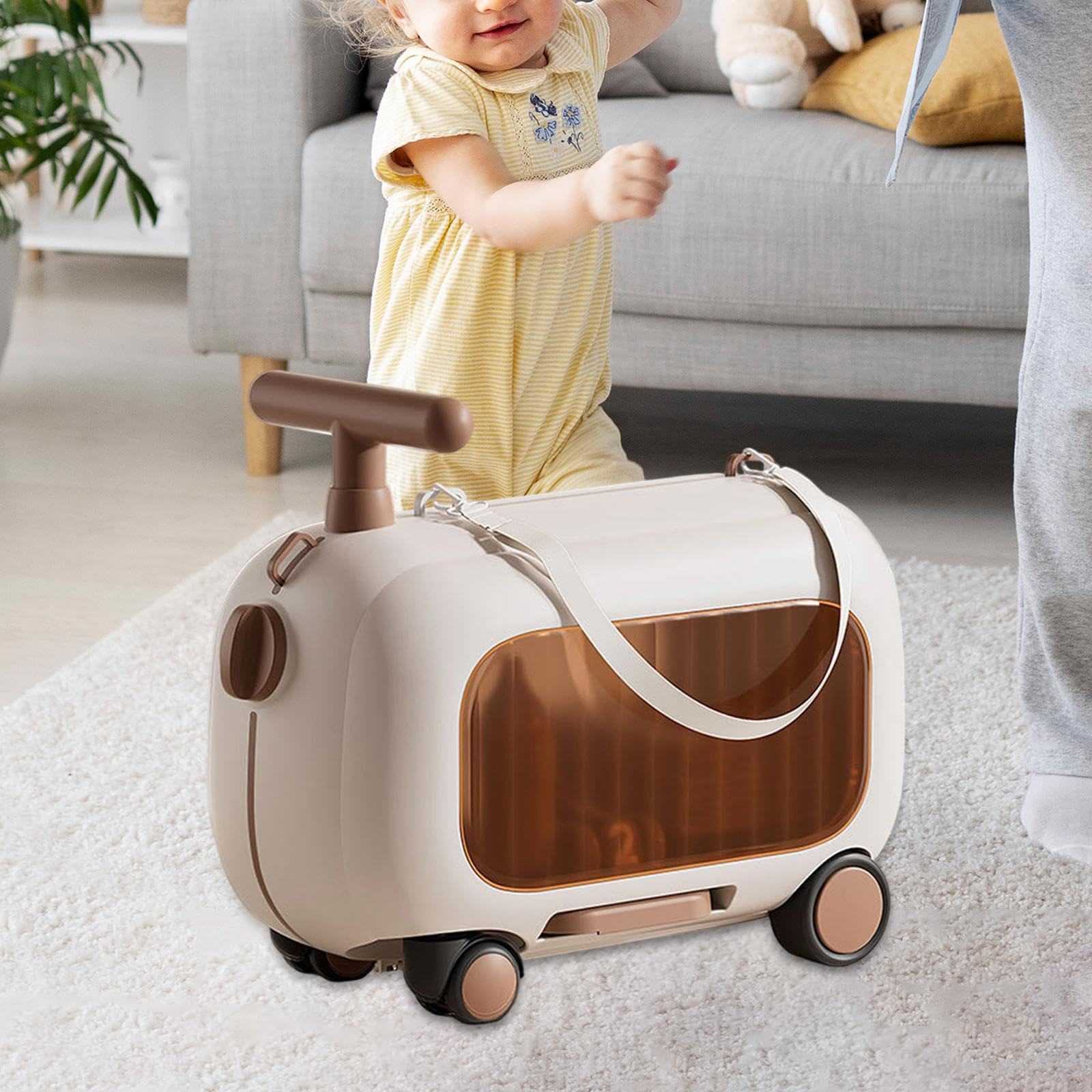 Valigia Bambini Bagaglio Rigido Bambino Compartimento Trasparente Tracolla Regolabile Pedale Pieghevole Adatta per Viaggio Famiglia Even, Marrone
