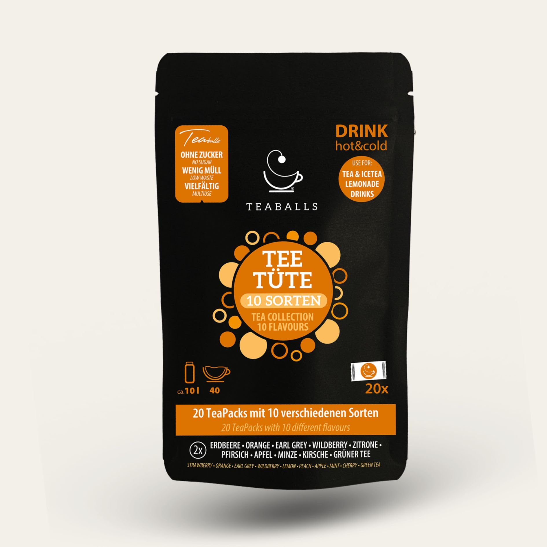 TEABALLS - PROBIERTÜTE mit 20 Probepackungen für Tee Eistee Limonade zum Auflösen in Wasser für ca. 40 Tassen Tee