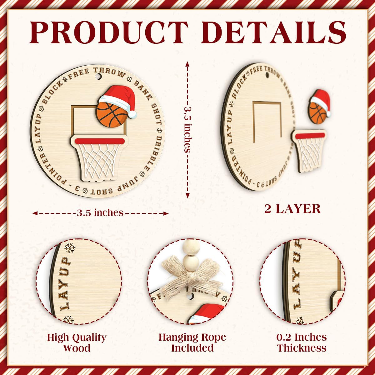 Basketball Xmas Ornament, 2 Layer Wood - Sports Ornament for Christmas Tree - Santa Basketball Gift for Boys, Girls, Players, Leaders, Coaches & Basketball Lovers, Holiday Decor - Image 2
